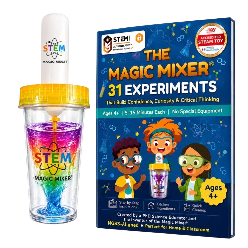 STEM Magic Mixer science experiment set featuring a clear plastic cup with a yellow lid, a white mixing wand, and the blue 'The Magic Mixer / 31 Experiments' activity book.