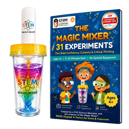 STEM Magic Mixer science experiment set featuring a clear plastic cup with a yellow lid, a white mixing wand, and the blue 'The Magic Mixer / 31 Experiments' activity book.