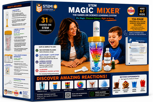 The STEM Magic Mixer® includes 31 hands-on STEM experiments designed to teach children scientific concepts through practical activities.