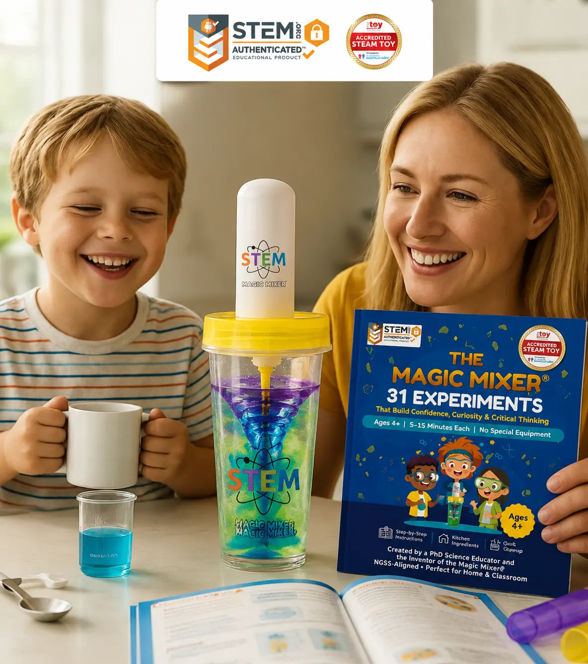 Parent and child exploring science experiments with STEM Magic Mixer, a hands-on learning kit with a 31 experiment workbook for kids