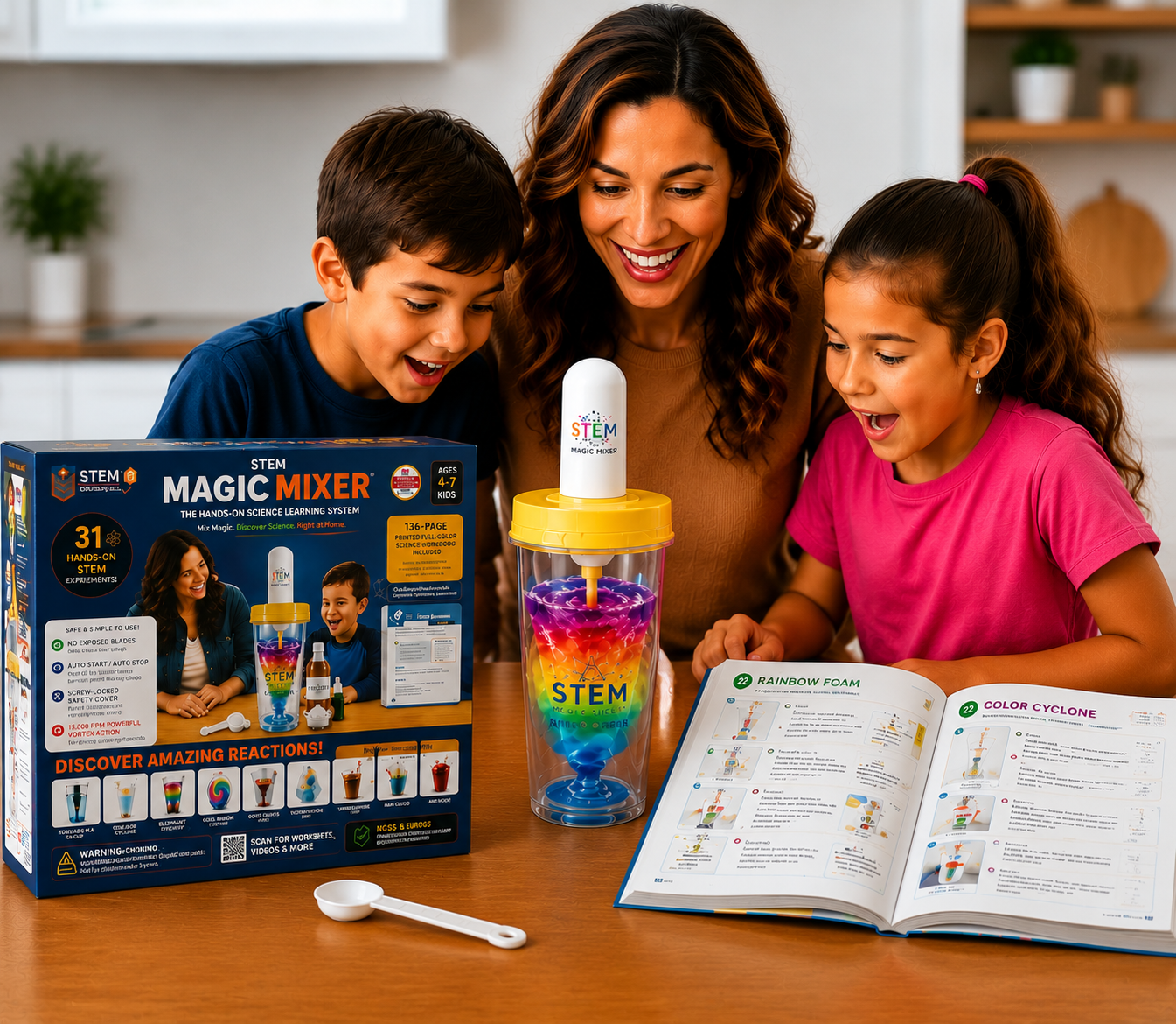 woman and her kid trying STEM EXPERIMENT SCIENCE BOOK FOR KIDS, KIDS MAGIC MIXER.png__PID:87bc9508-7ea2-4b2c-b35b-3391533a779c